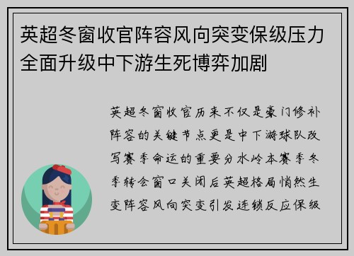英超冬窗收官阵容风向突变保级压力全面升级中下游生死博弈加剧